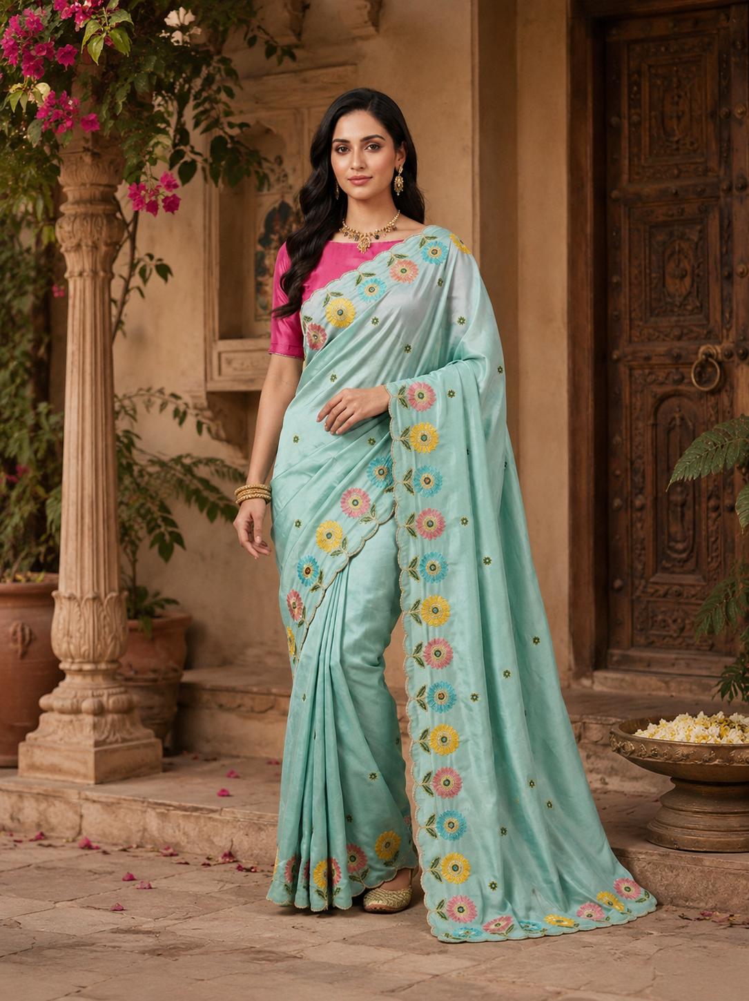 Crepe Silk Embroidery Work Zari Border Saree With Unstitched Blouse(sky Blue) image 2