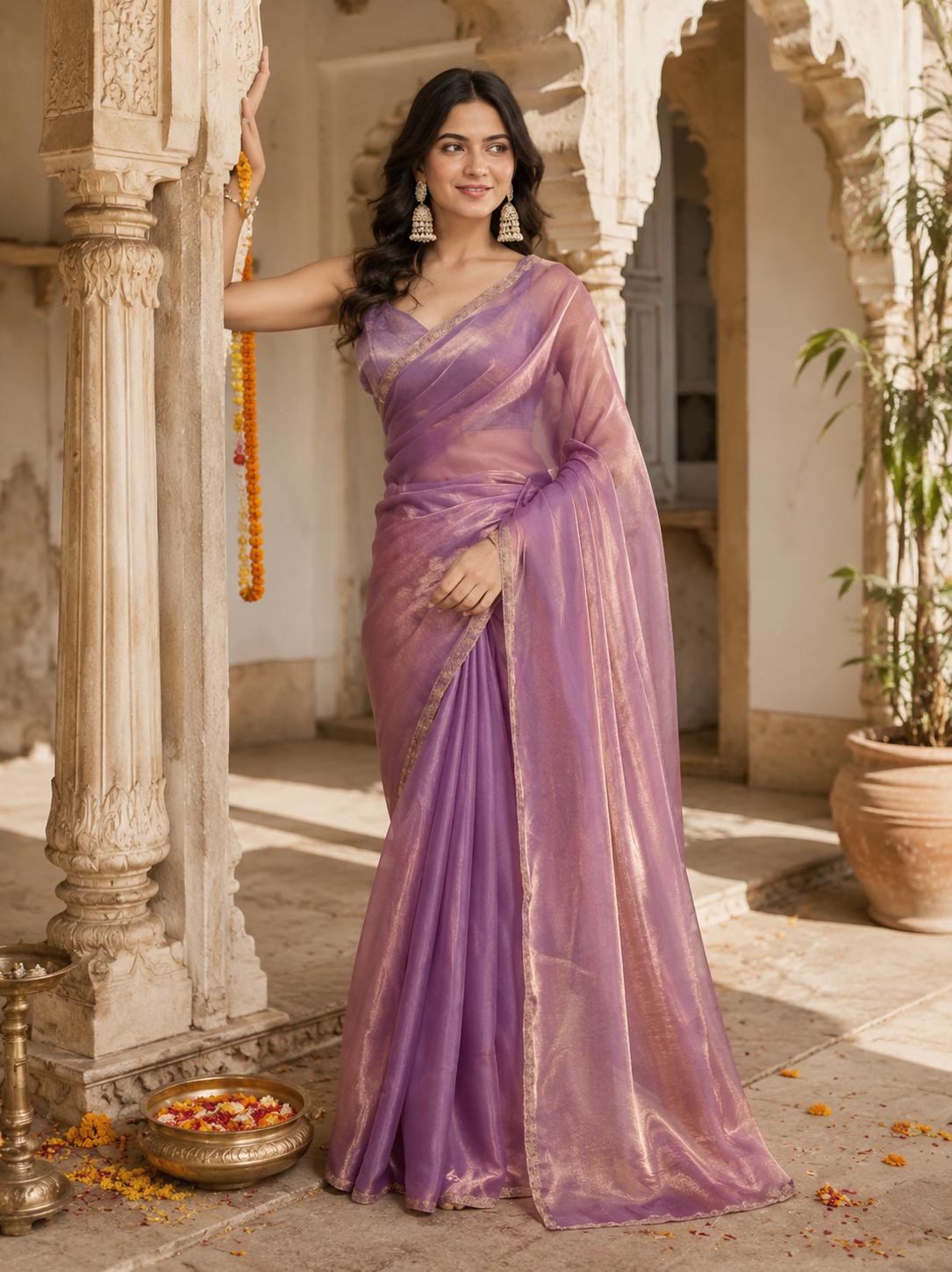 Twill Net Saree With Unstitched Blouse(purple) image 2