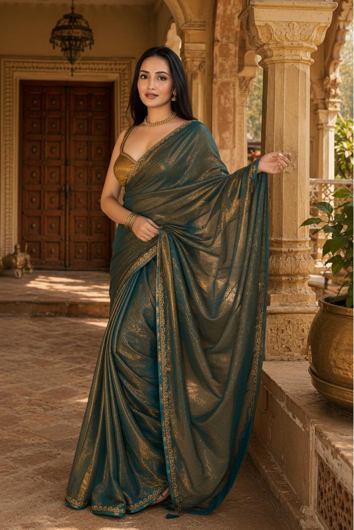Twill Net Saree With Unstitched Blouse(green) image 2