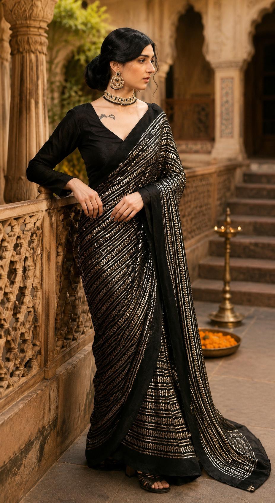 Georgette Sequins Works Saree With Unstitched Blouse(black) image 2