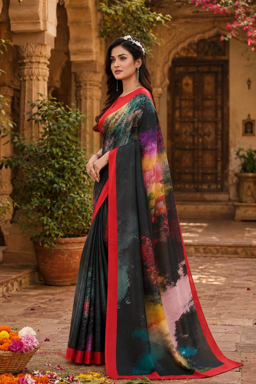 Soft Crepe Silk Digital Print Saree With Unstitched Blouse(black) image 2