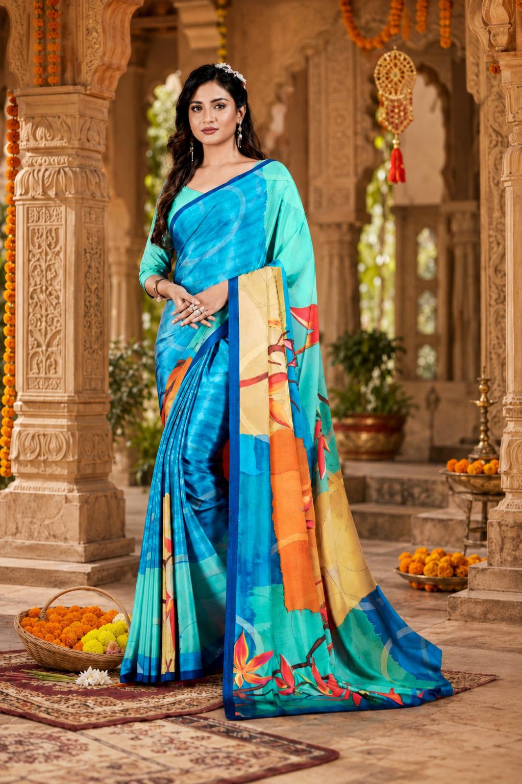 Soft Crepe Silk Digital Print Saree With Unstitched Blouse(blue) image 2