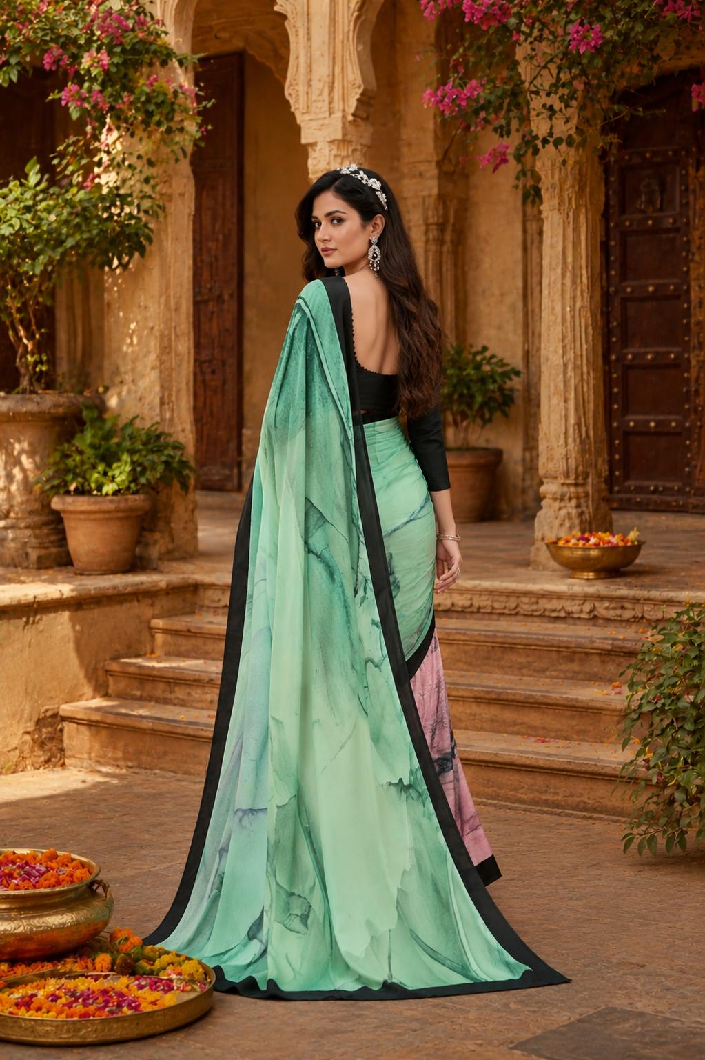 Soft Crepe Silk Digital Print Saree With Unstitched Blouse(sea Green) image 2