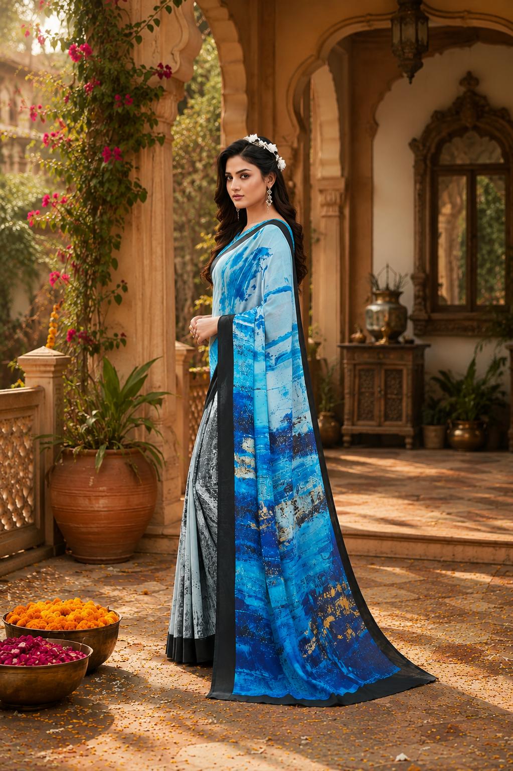 Soft Crepe Silk Digital Print Saree With Unstitched Blouse(sky Blue) image 2