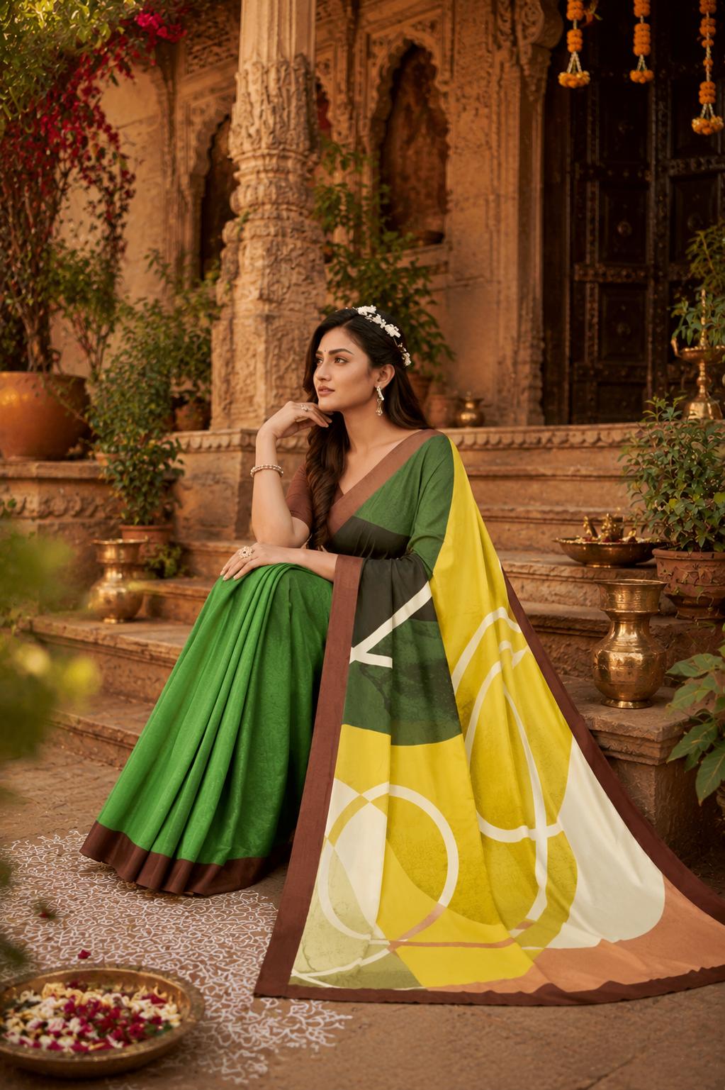 Soft Crepe Silk Digital Print Saree With Unstitched Blouse(green) image 2