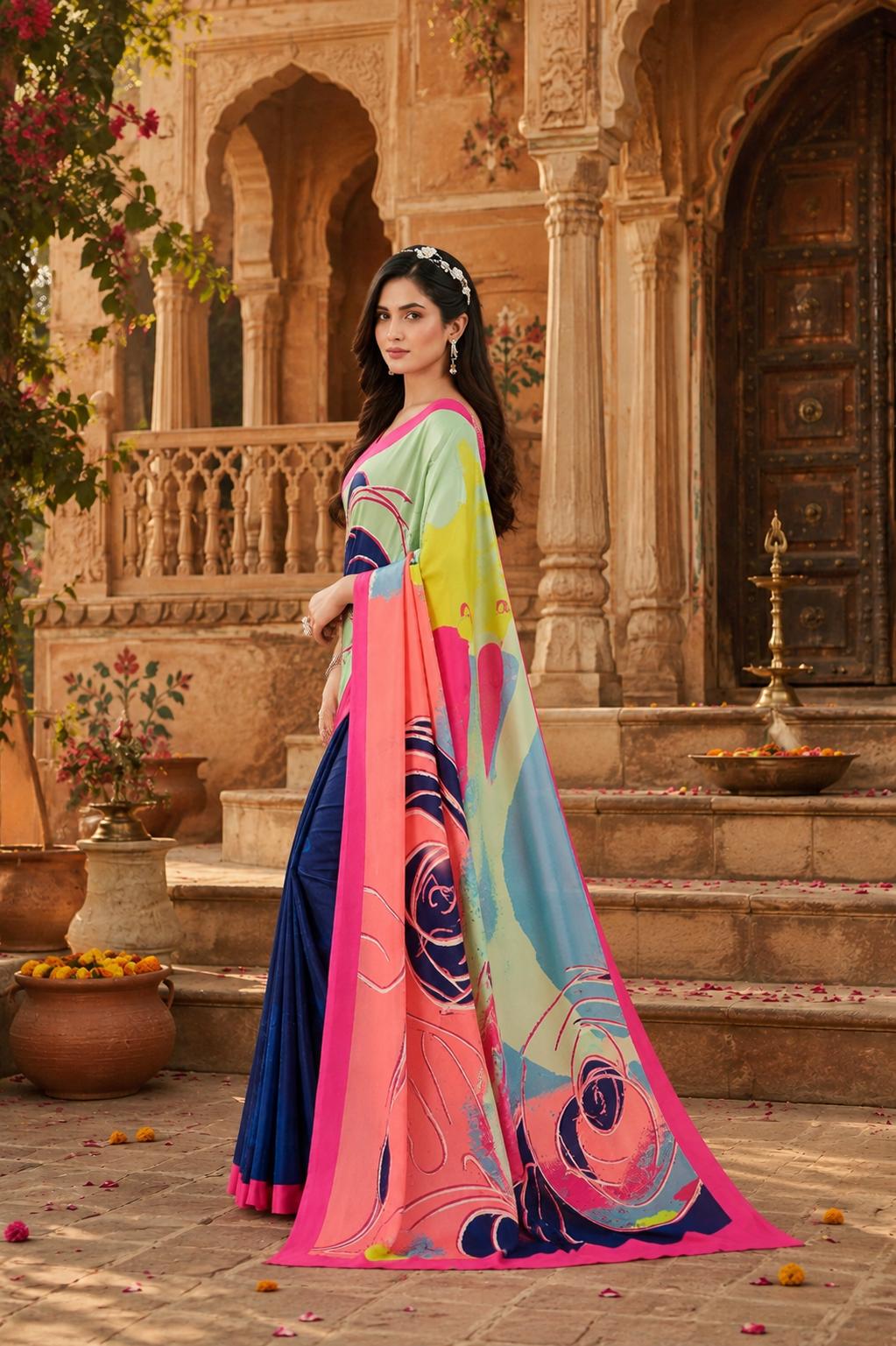 Soft Crepe Silk Digital Print Saree With Unstitched Blouse(pink) image 2