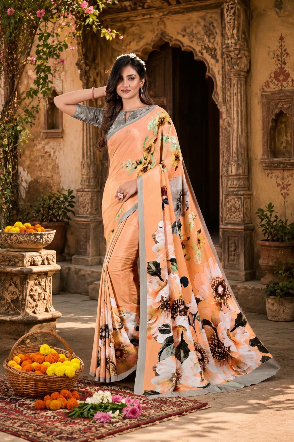 Soft Crepe Silk Digital Print Saree With Unstitched Blouse(peach) image 2