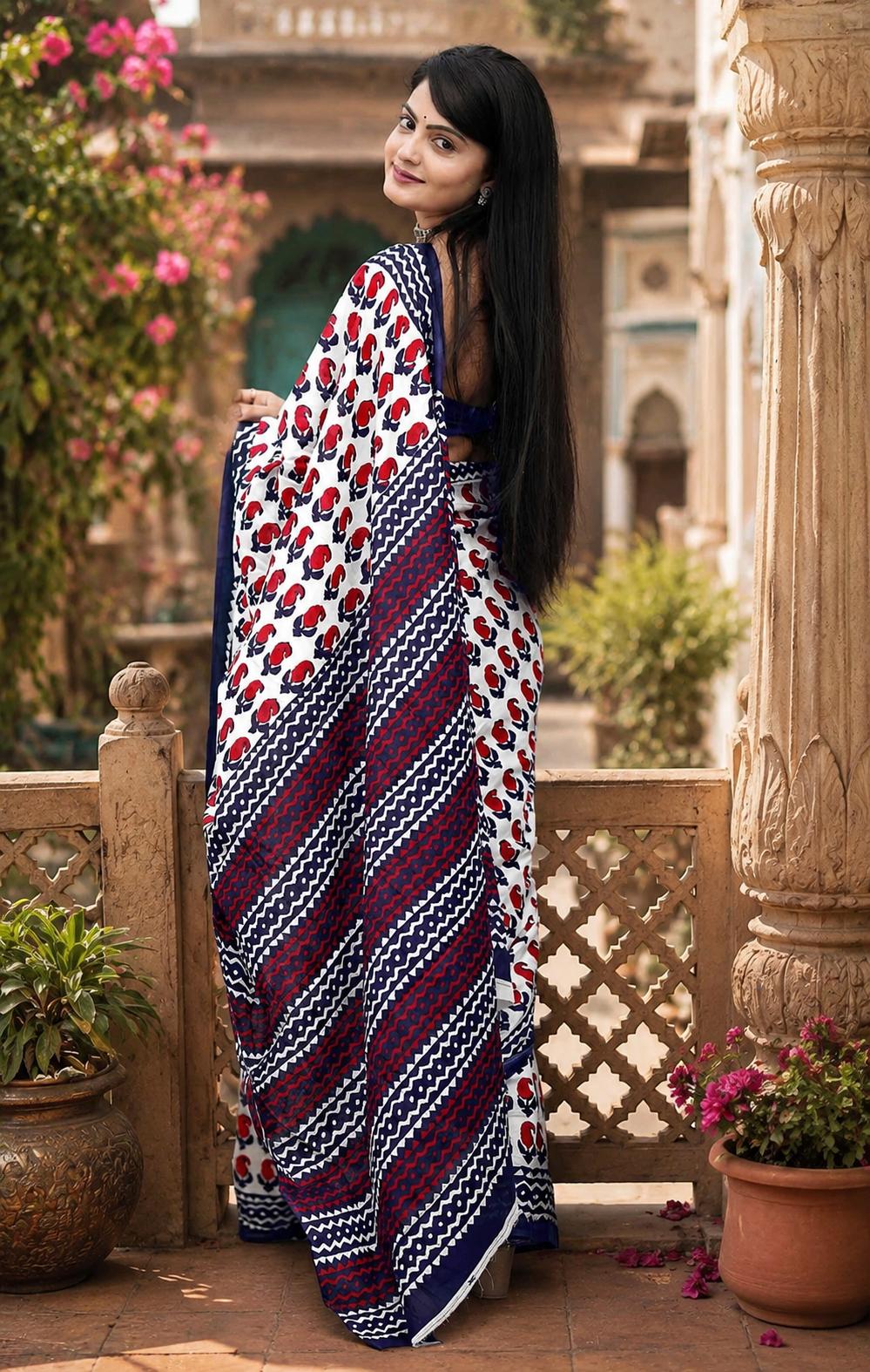 Mulmul Cotton Bagru Block Printed Saree With Unstitched Blouse(red) image 2