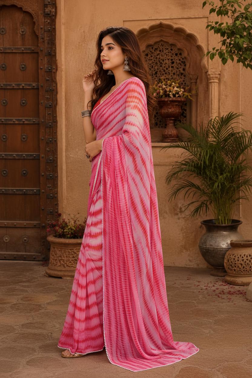 Georgette Printed Ready To Wear Sarees With Unstitched Blouse(pink) image 2