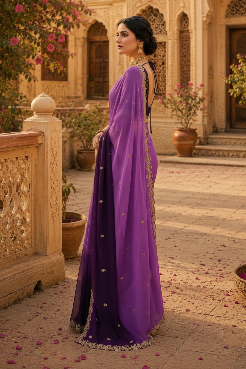 Georgette Border Work Saree With Unstitched Blouse(lavender) image 2