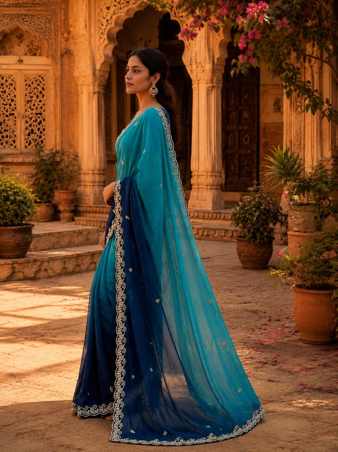 Georgette Border Work Saree With Unstitched Blouse(blue) image 2