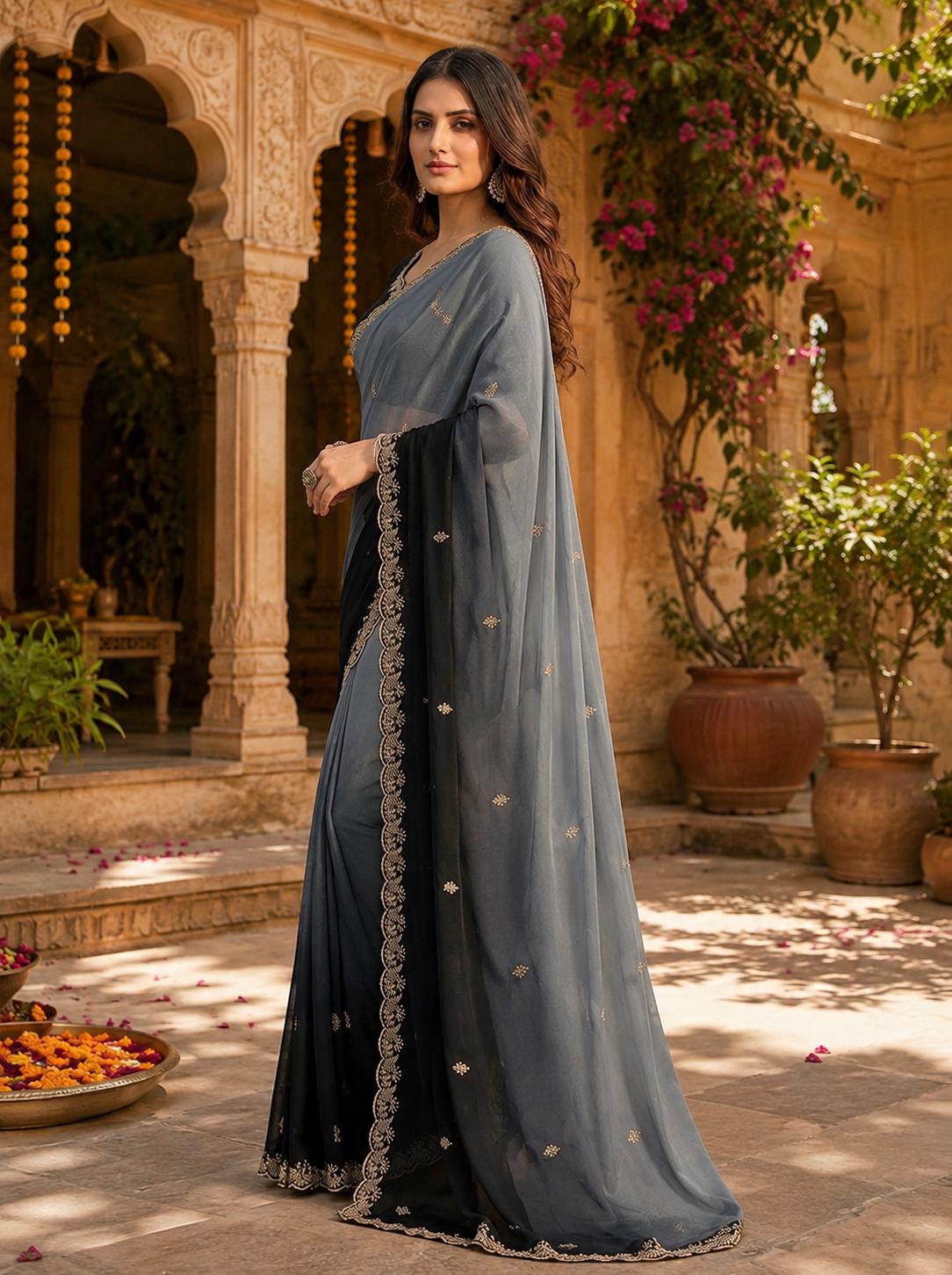 Georgette Border Work Saree With Unstitched Blouse(grey) image 2