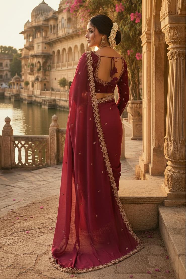 Georgette Border Work Saree With Unstitched Blouse(red) image 2