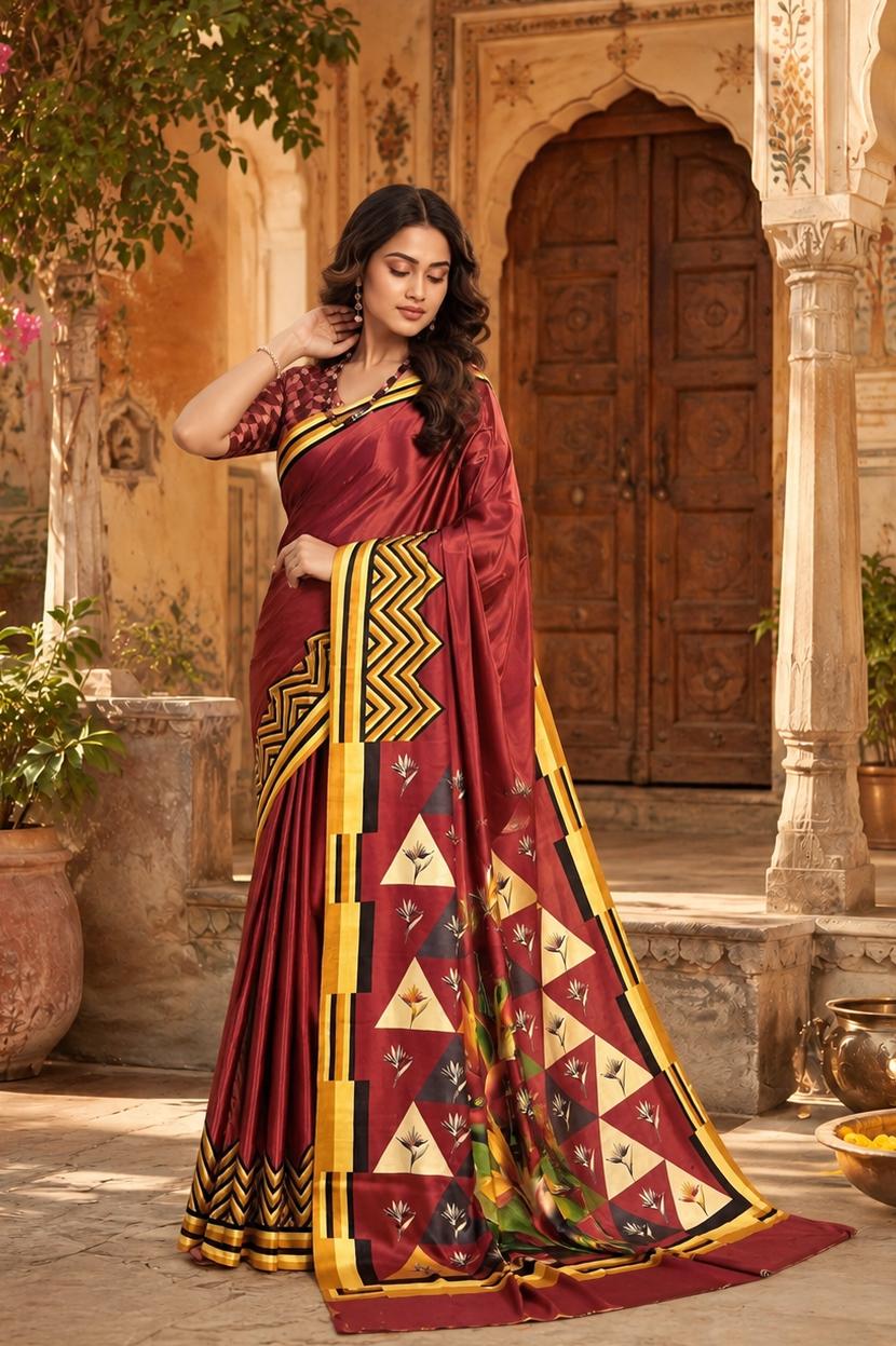 Premium Crepe Silk Digital Floral Print Saree With Unstitched Blouse(red) image 2