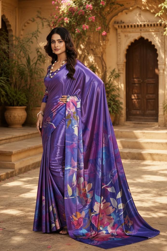 Premium Crepe Silk Digital Floral Print Saree With Unstitched Blouse(violet) image 2