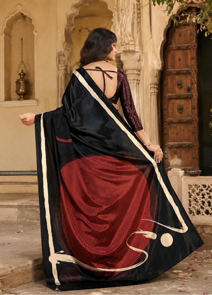 Premium Crepe Silk Digital Floral Print Saree With Unstitched Blouse(black) image 2