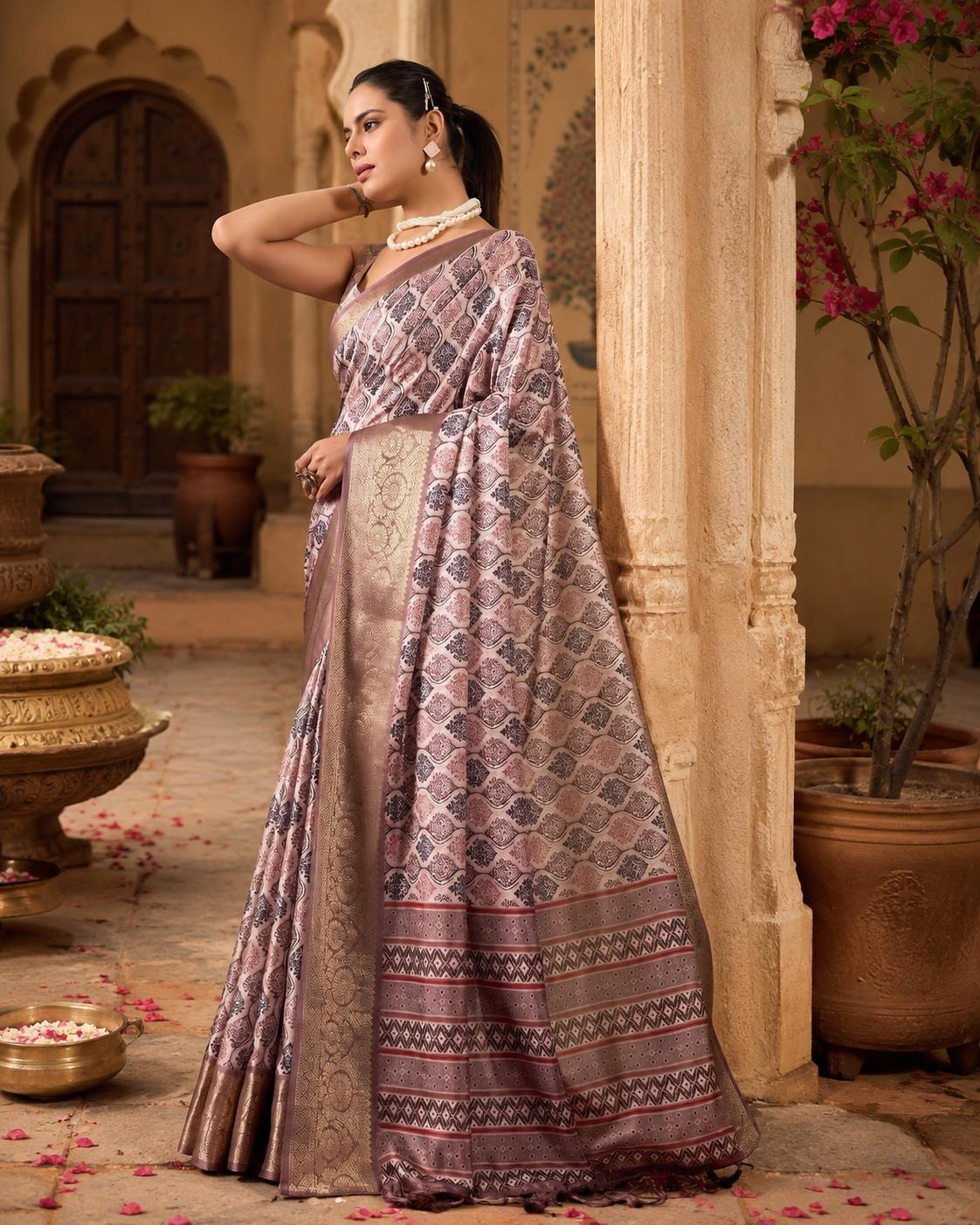 Litchi Silk Golden Zari Border Saree With Unstitched Blouse(beige) image 2