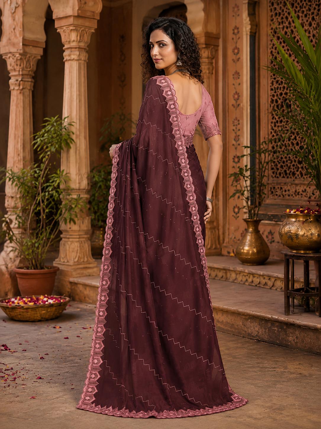Organza Silk Saree With Unstitched Blouse(tyrian Purple) image 2