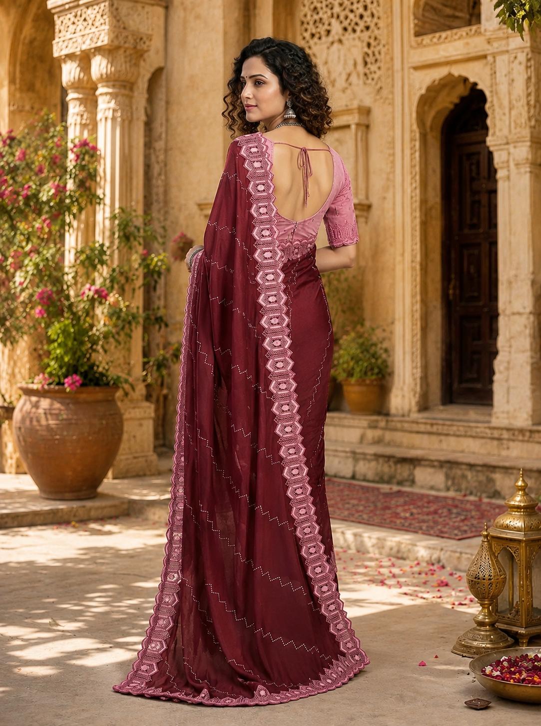 Organza Silk Saree With Unstitched Blouse(maroon) image 2