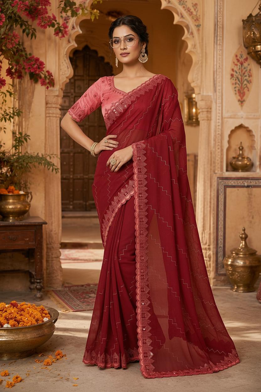 Organza Silk Saree With Unstitched Blouse(red) image 2