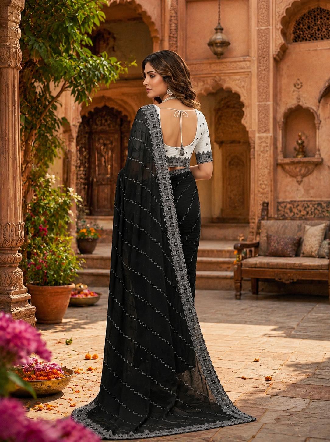 Organza Silk Saree With Unstitched Blouse(black) image 2