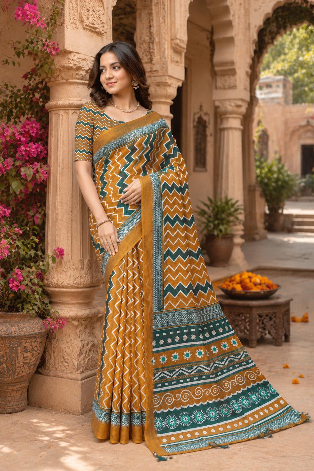 Linen Printed Saree With Unstitched Blouse(mustard) image 2