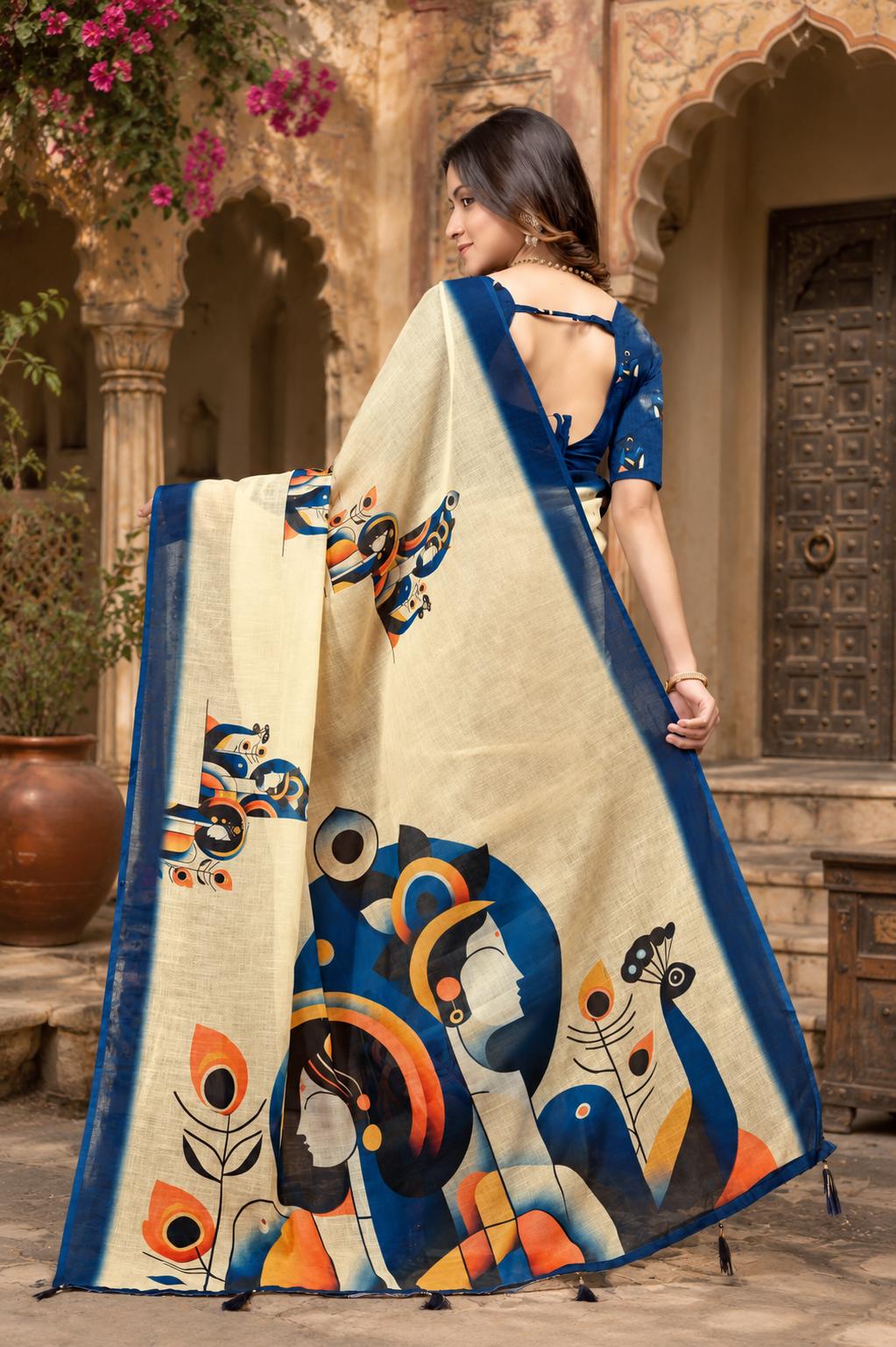 Linen Printed Saree With Unstitched Blouse(beige) image 2