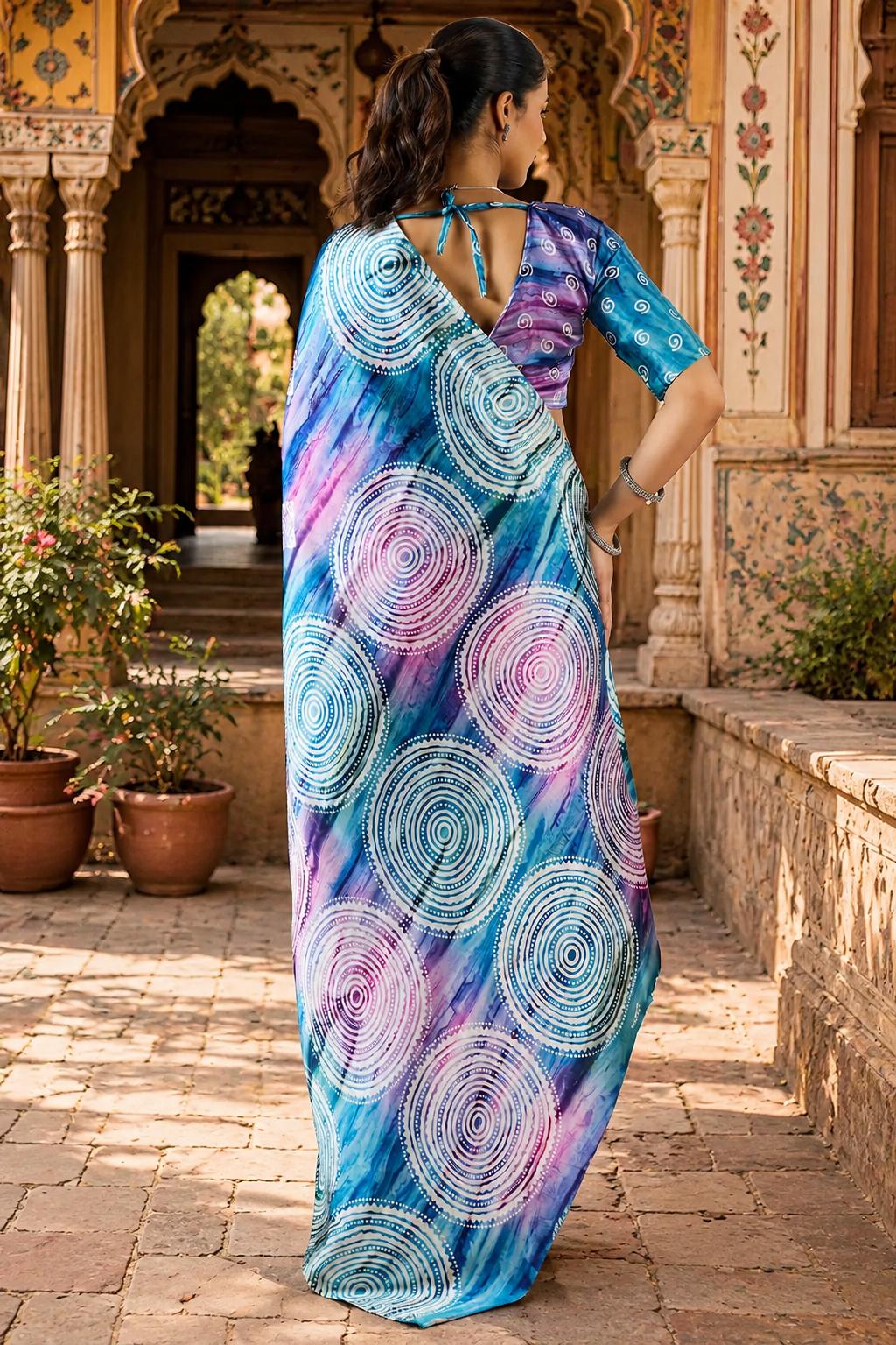Satin Silk Ajrakh Printed Saree With Unstitched Blouse(skyblue) image 2