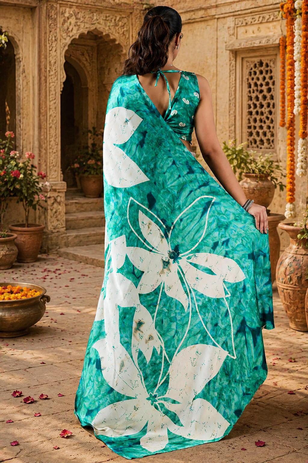 Satin Silk Ajrakh Printed Saree With Unstitched Blouse(green) image 2
