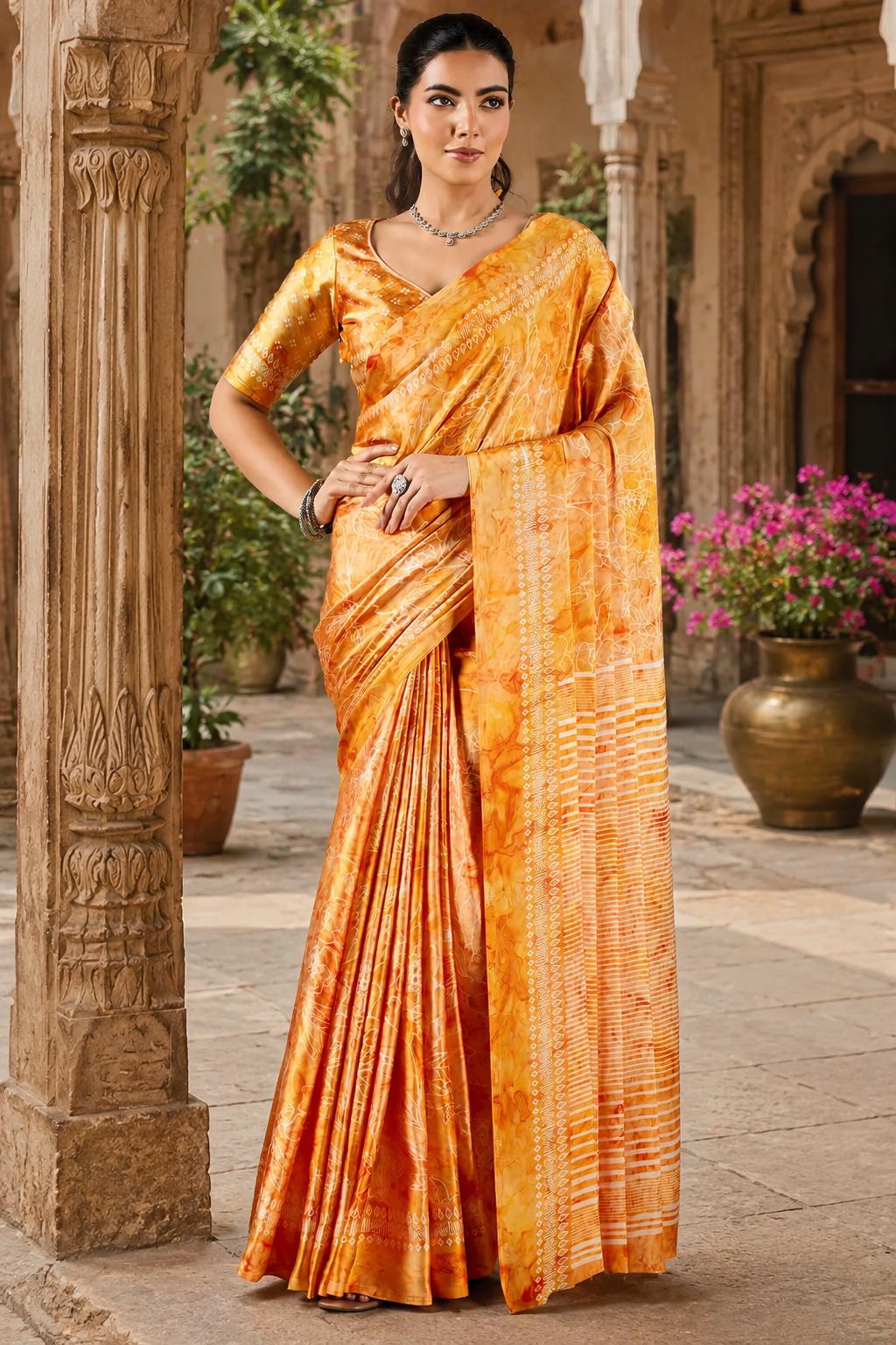 Satin Silk Ajrakh Printed Saree With Unstitched Blouse(mustard) image 2