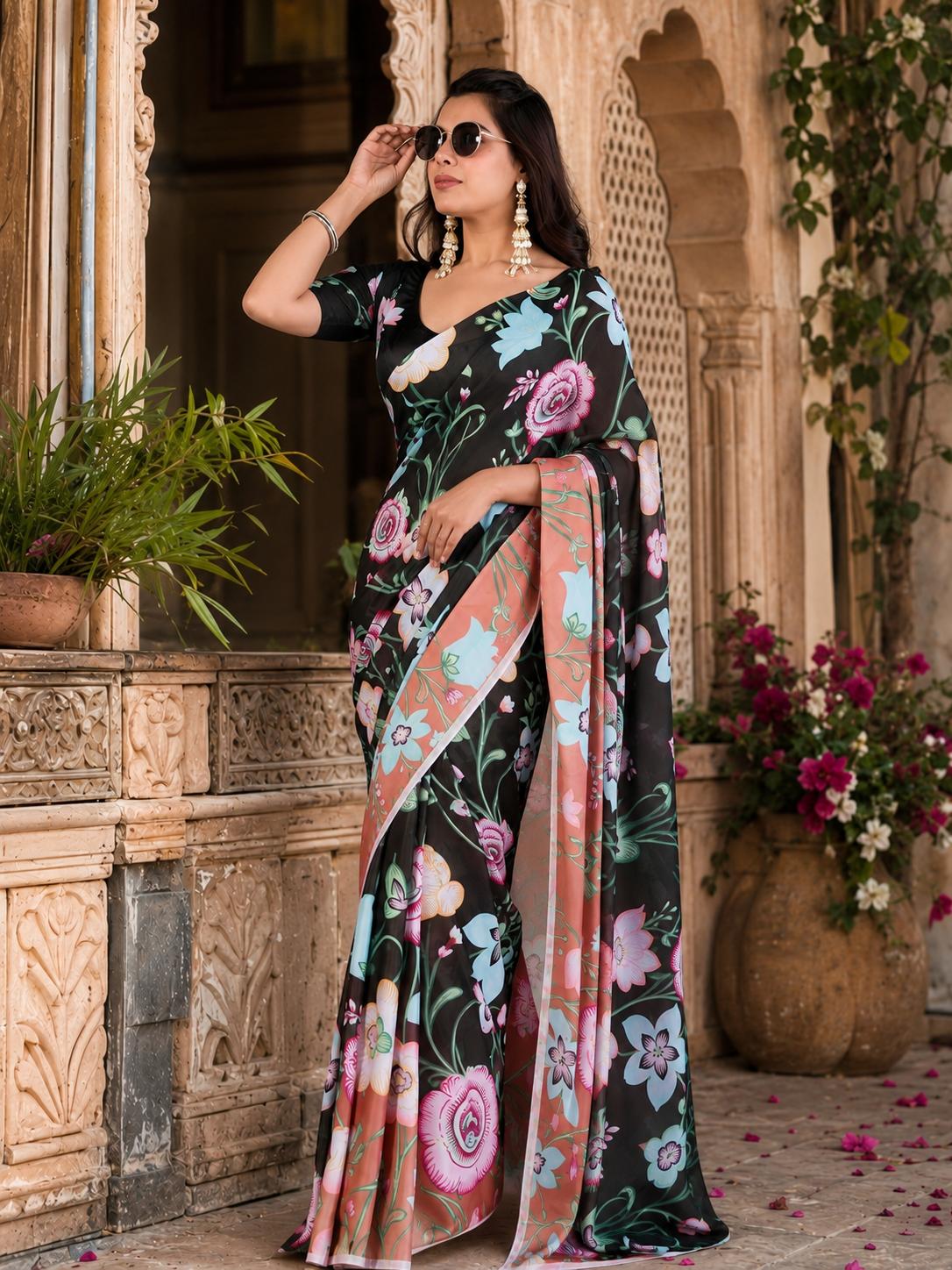 Georgette Satin Floral Print Saree With Unstitched Blouse(peach) image 2