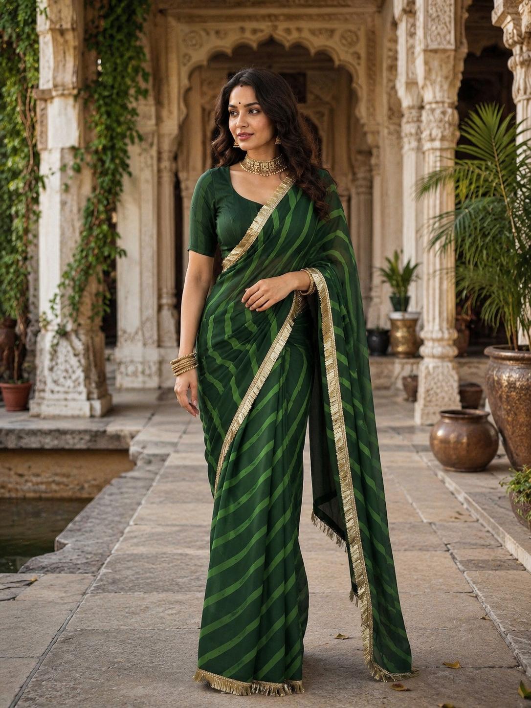 Georgette Traditional Zari Gold Lace Border Saree With Unstitched Blouse(green) image 2