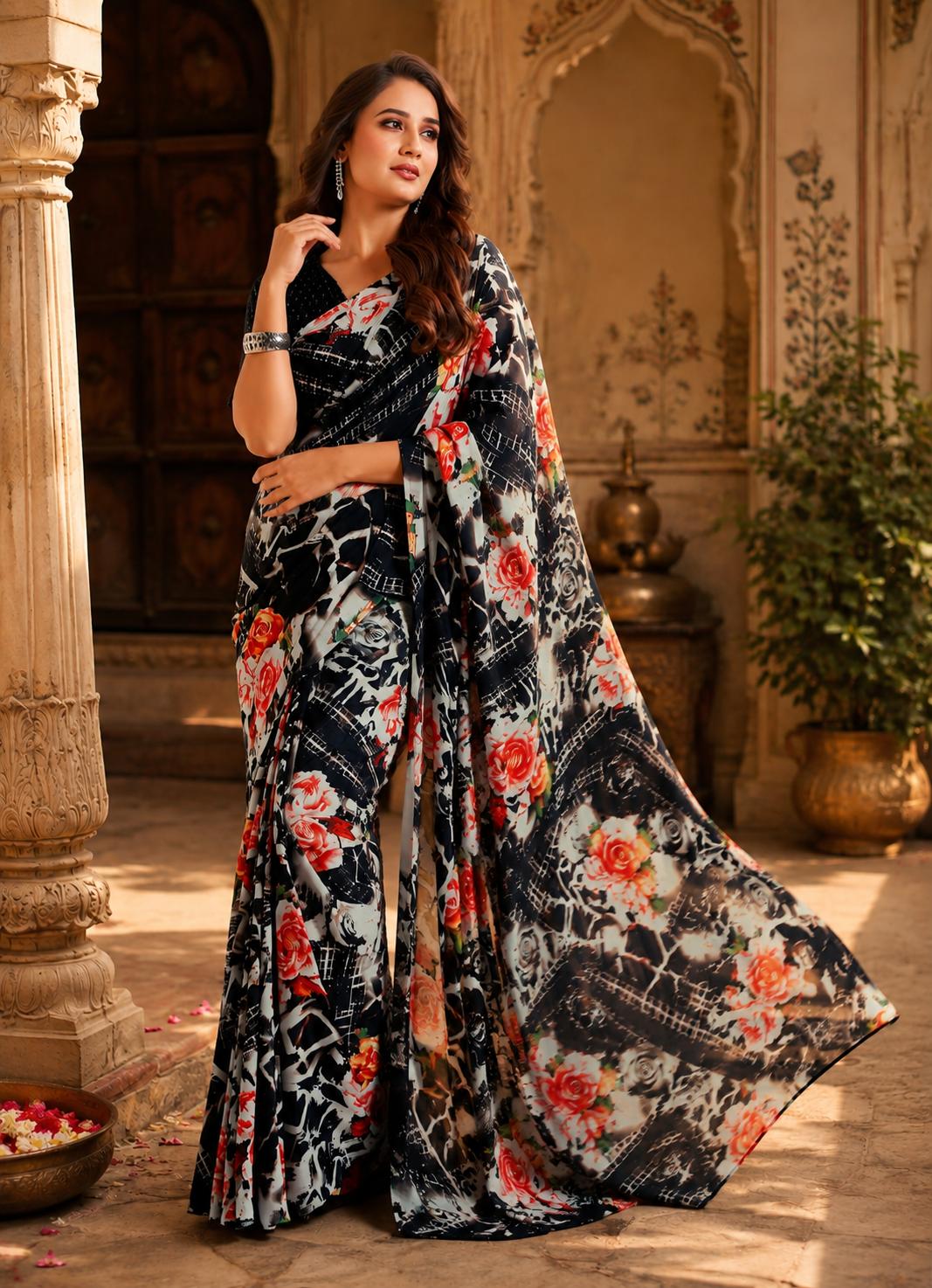 Crepe Silk Digital Print Saree With Unstitched Blouse(black) image 2