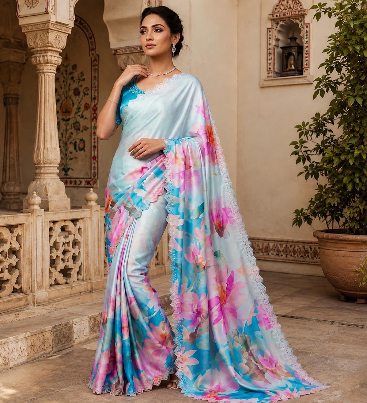 Pure Maheshwari Silk Diamond Cut Work With Unstitched Blouse(sky) image 2