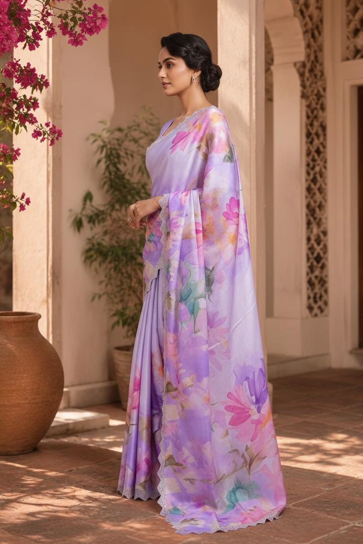 Pure Maheshwari Silk Diamond Cut Work With Unstitched Blouse(lavender) image 2