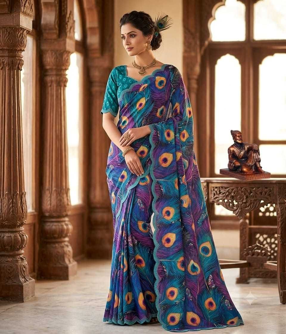 Georgette Digital Print Saree With Unstitched Blouse(blue) image 2