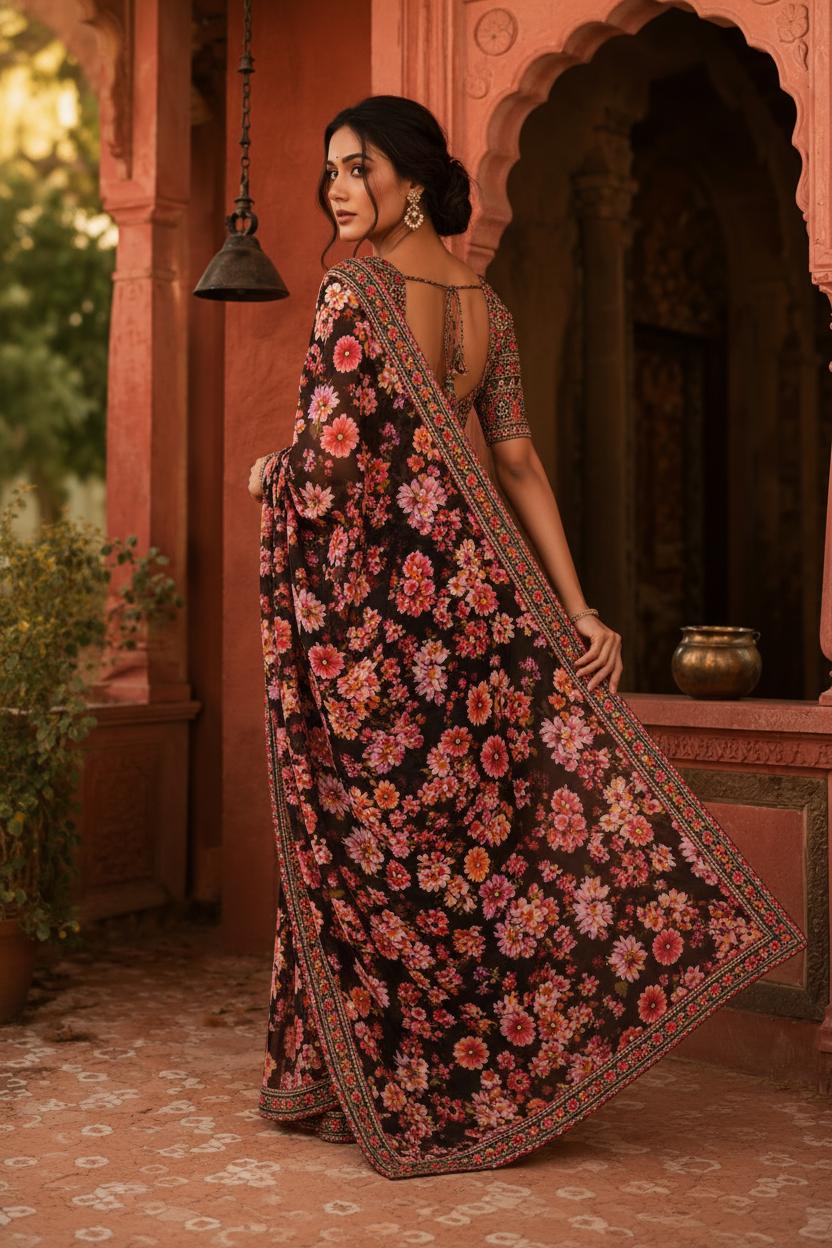 Georgette Digital Print Saree With Unstitched Blouse(black) image 2