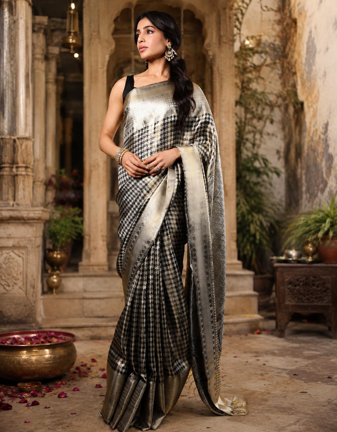 Pure Litchi Silk Saree With Unstitched Blouse(grey) image 2