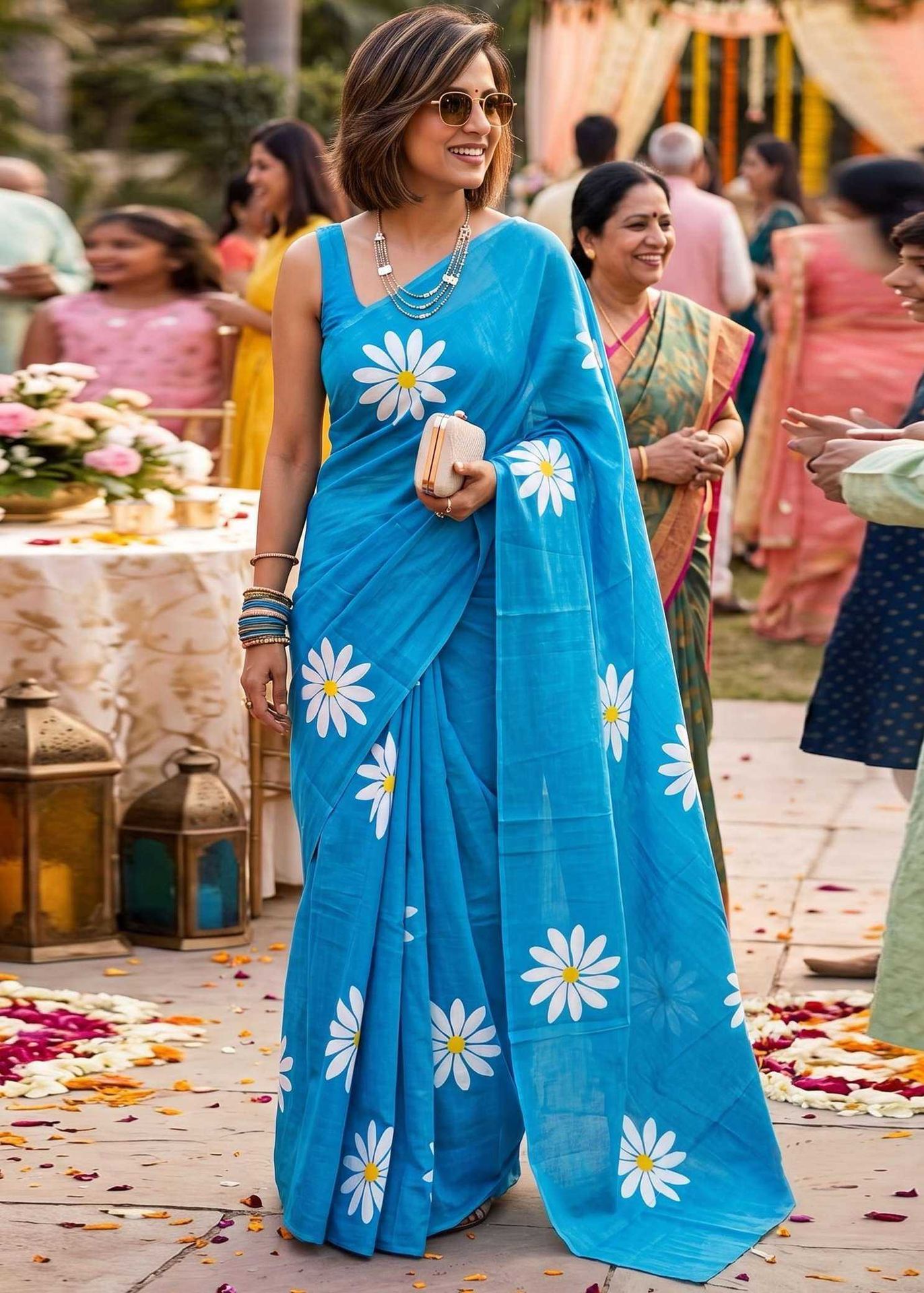 Mulmul Cotton Floral Printed Saree With Unstitched Blouse(sky) image 2
