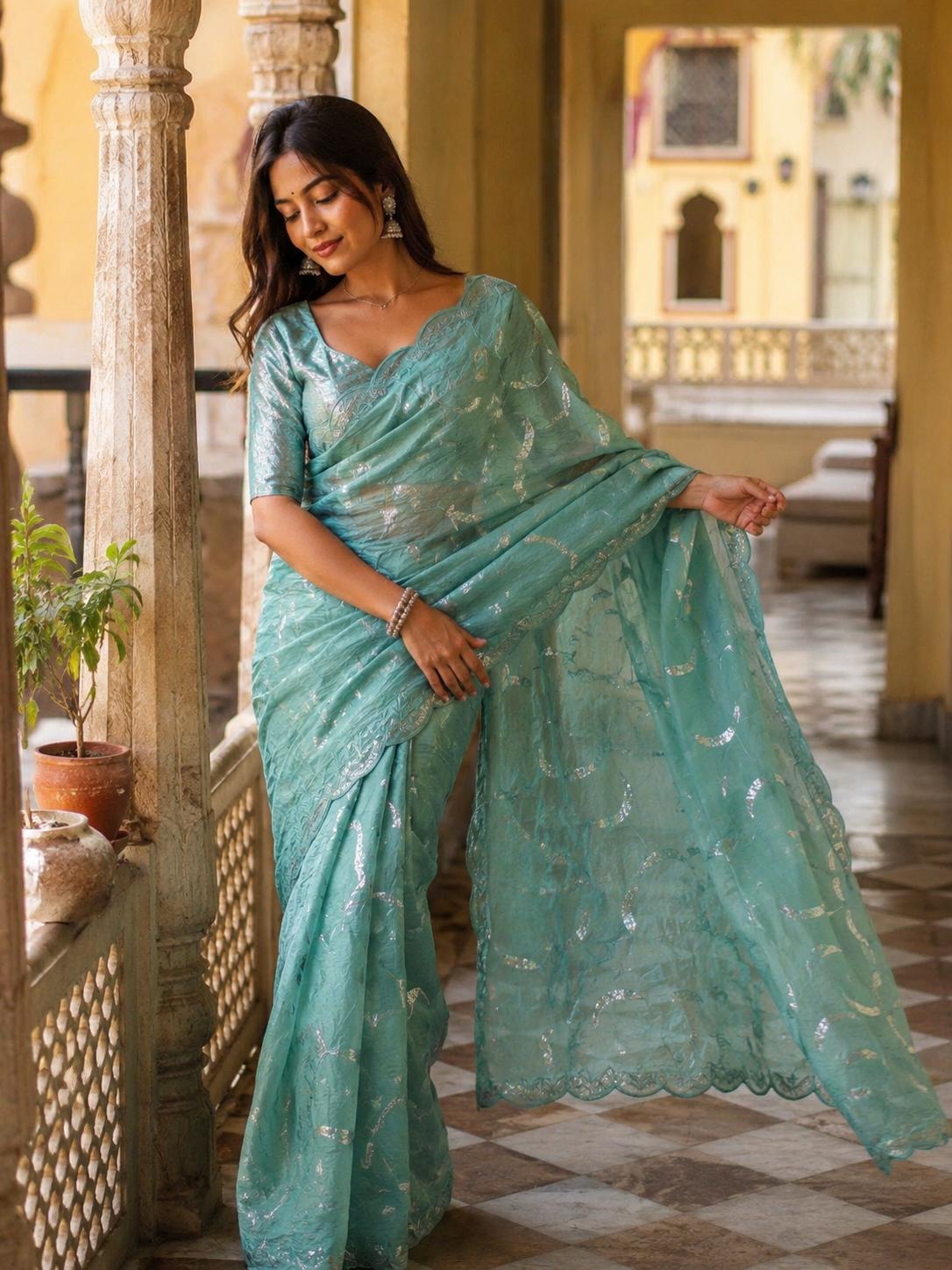 Premium Soft Crush Silk Sequin Work Saree With Unstitched Blouse(teal) image 2