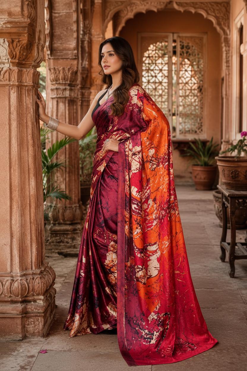 Premium Satin Silk Printed Saree With Unstitched Blouse(maroon) image 2
