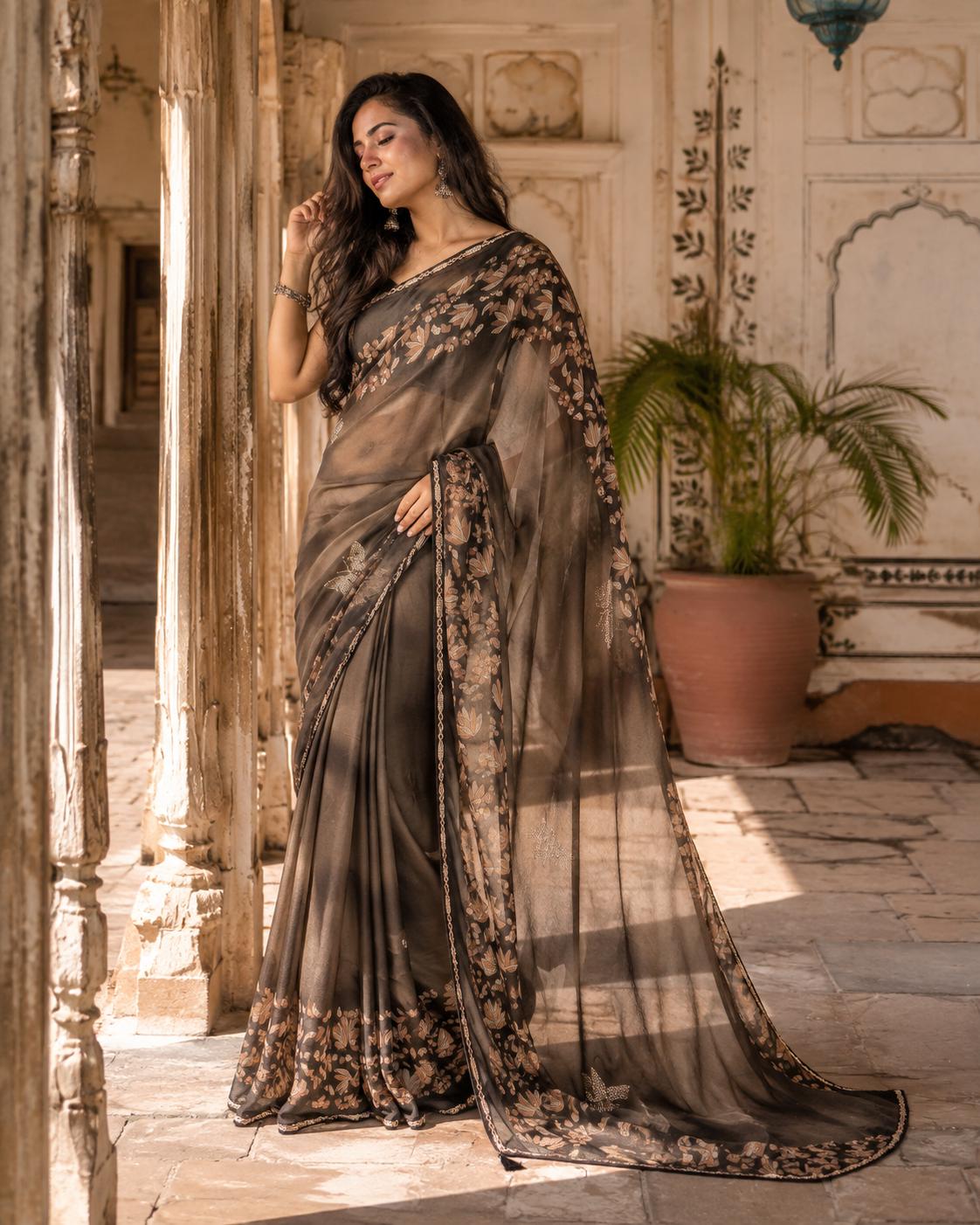 Premium Georgette Floral Print Saree With Unstitched Blouse(brown) image 2