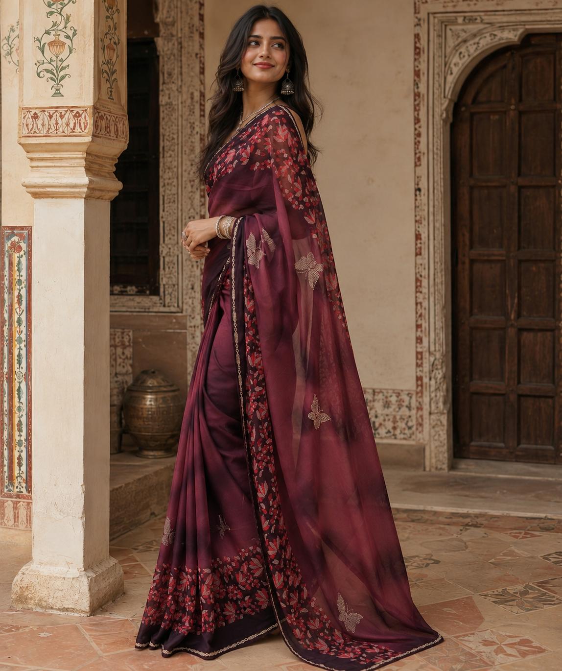 Georgette Floral Printed Saree With Unstitched Blouse(rani) image 2