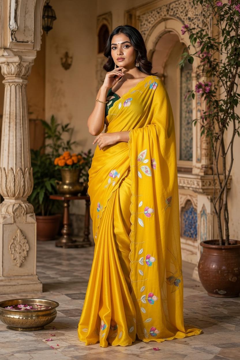 Premium Georgette Floral Print Saree With Unstitched Blouse(yellow) image 2