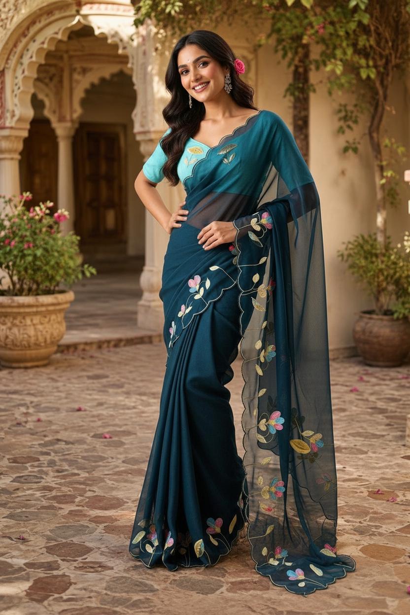 Premium Georgette Floral Print Saree With Unstitched Blouse(blue) image 2