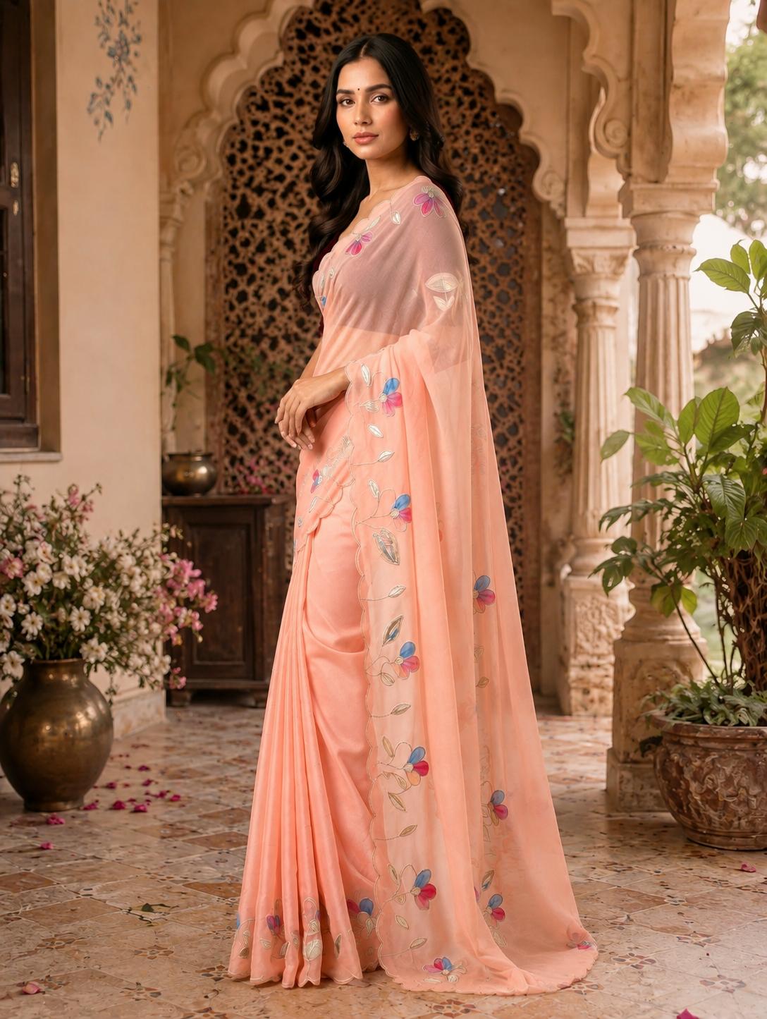 Premium Georgette Floral Print Saree With Unstitched Blouse(peach) image 2
