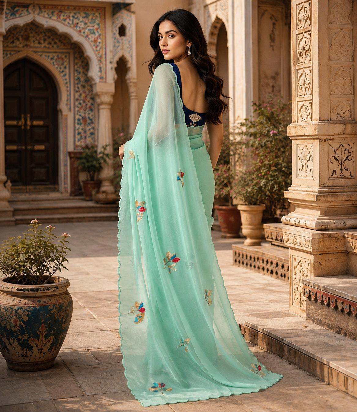 Premium Georgette Floral Print Saree With Unstitched Blouse(green) image 2