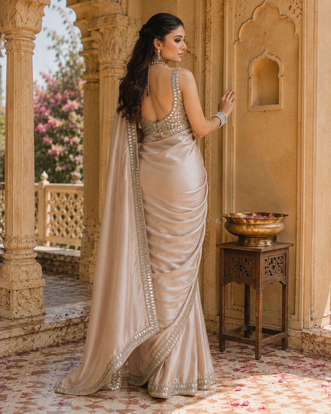 Premium Satin Silk Embroidery Work Saree With Unstitched Blouse(cream) image 2