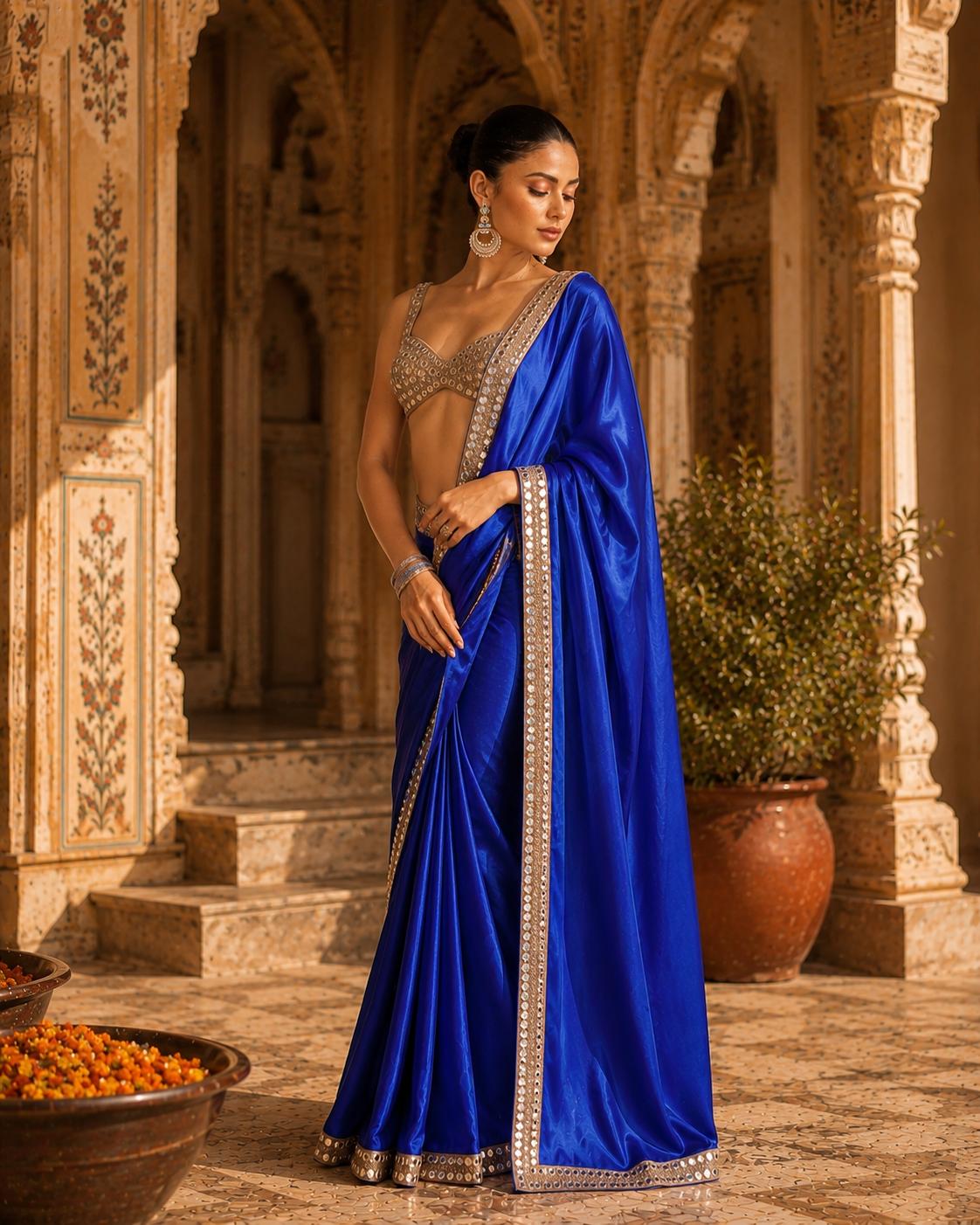 Premium Satin Silk Embroidery Work Saree With Unstitched Blouse(blue) image 2