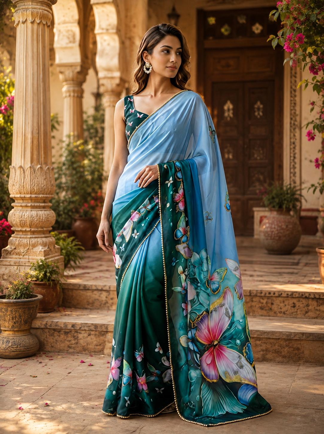 Georgette Printed Saree With Unstitched Blouse(green) image 2